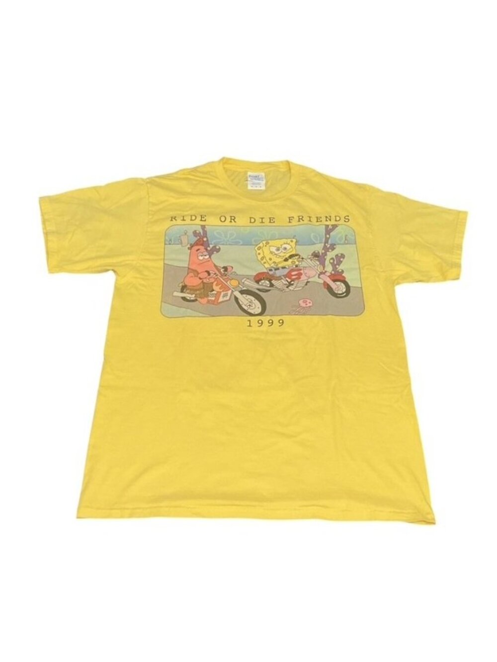 SpongeBob Ride Or Die Friends T-Shirt Yellow Graphic Tee Size M Cartoon